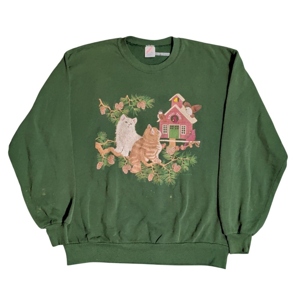 Vintage Jerzees Kitten Sweatshirt Womens Size Large Green Cat Crewneck Grandma